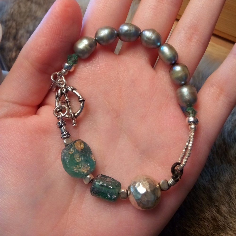 Sterling Silver Roman Glass and Pearl Bracelet